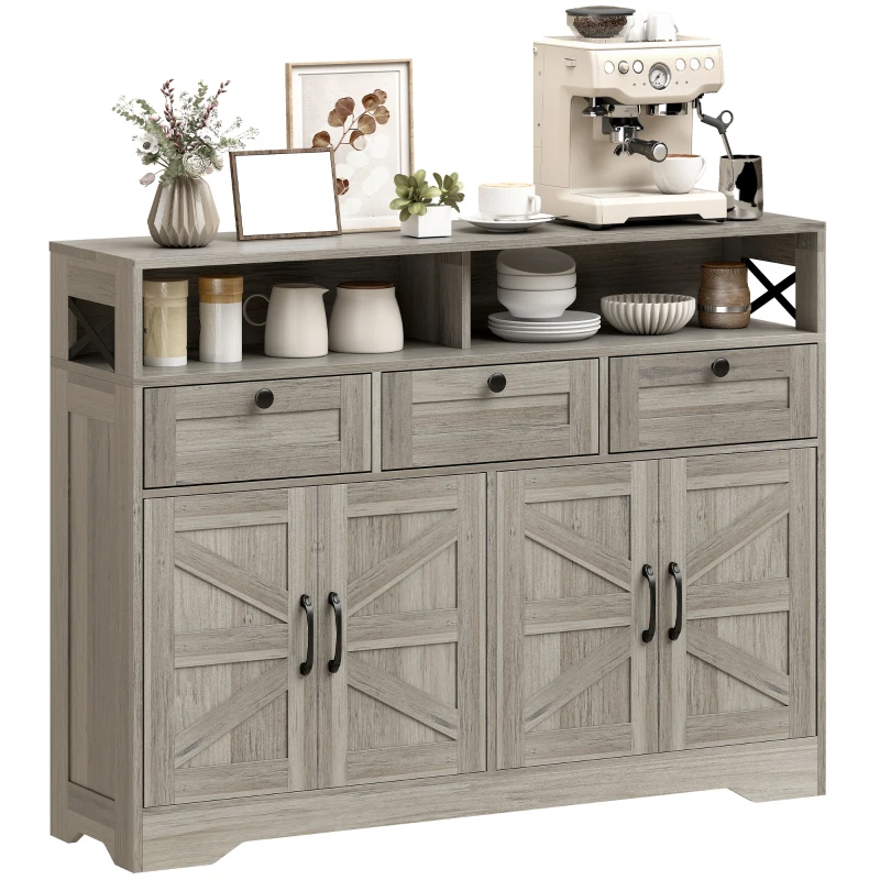 HOMCOM Sideboard, Buffet Cabinet with 4 Barn Doors and 3 Drawers, Coffee Bar Cabinet with Adjustable Shelves, Grey