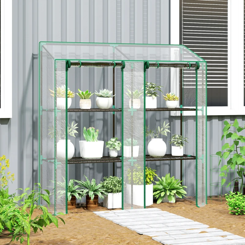 Outsunny Lean-to Greenhouse, Portable Greenhouse with 3 Tier Shelves, 2 Roll-Up Zippered Doors, 56.3" x 18.1" x 59.4", Clear