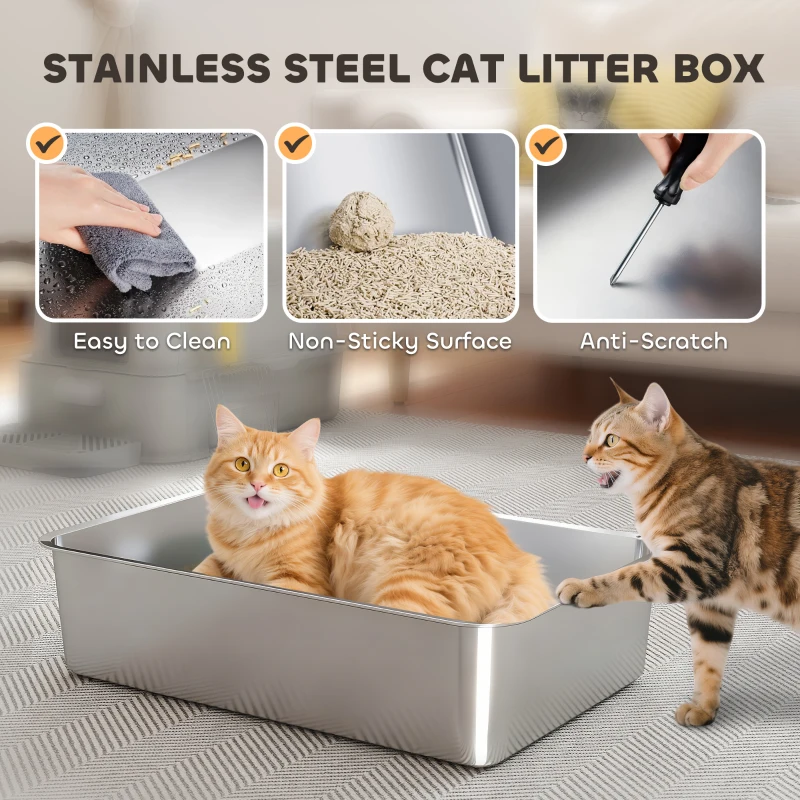 PawHut 80L XL Stainless Steel Cat Litter Box for Big Cats with Flip Cover, Pull-Out Drawer Tray, High Sided, Pedal, Light Grey