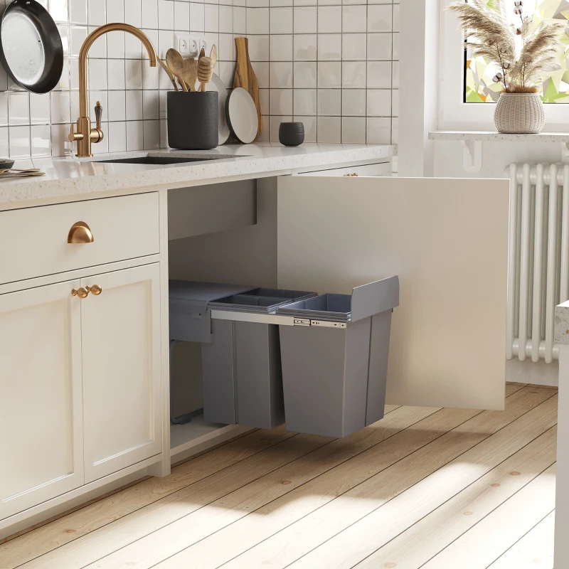 HOMCOM Pull Out Trash Can Under Cabinet, 10.6 Gallon (40L) Slide Out Garbage Can with 3 Removable Compartments, Grey