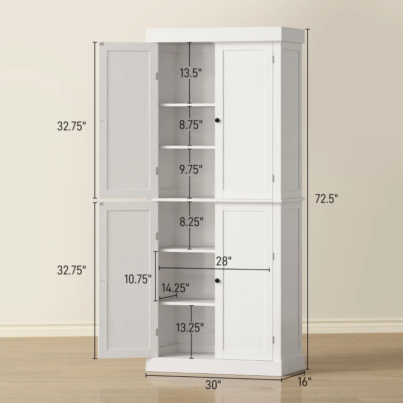 HOMCOM 72" Kitchen Cabinet, Pantry Storage Cabinet with Doors and Shelves, Freestanding Food Pantry Cabinet, White Wood Grain