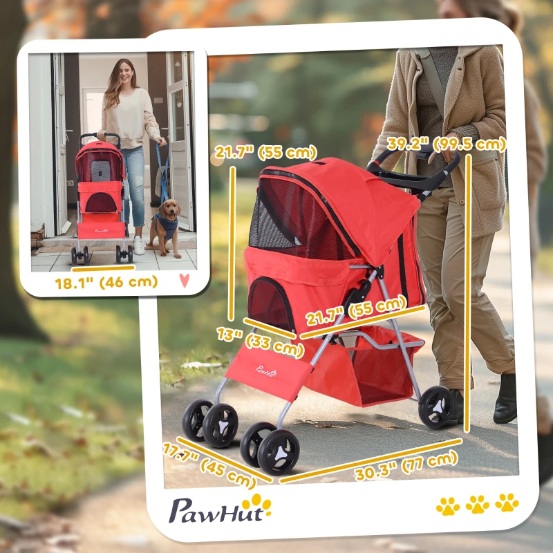PawHut Pet Stroller Foldable Carrier for Cat, Dog and More 4 Wheels Travel Jogger with Cup Holder, Storage Basket, 360 ° swiveling front wheels, Easy Fold, Red