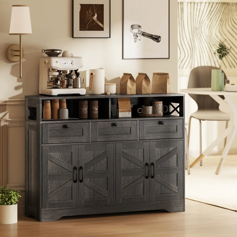 HOMCOM Sideboard, Buffet Cabinet with 4 Barn Doors and 3 Drawers, Coffee Bar Cabinet with Adjustable Shelves, Dark Brown