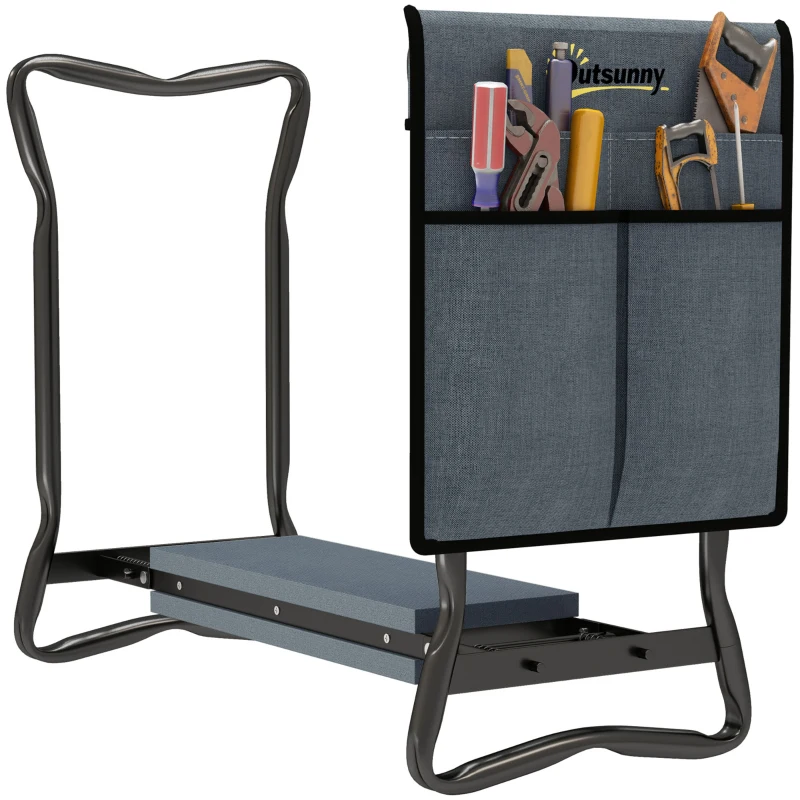 Outsunny Garden Kneeler and Seat, Foldable Gardening Stool Bench with Thick EVA Foam Kneeling Pad and 1 Large Tool Pouch, Grey