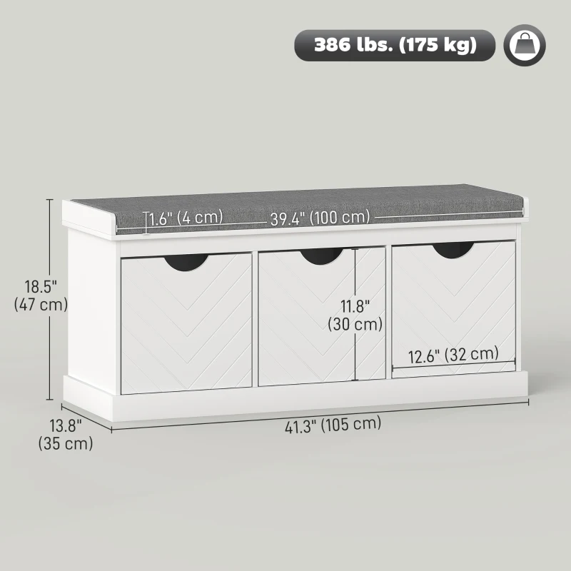 HOMCOM Shoe Storage Bench, Linen-Look Entryway Bench with 3 Removable Drawers and Padded Seat Cushion for Hallway, White