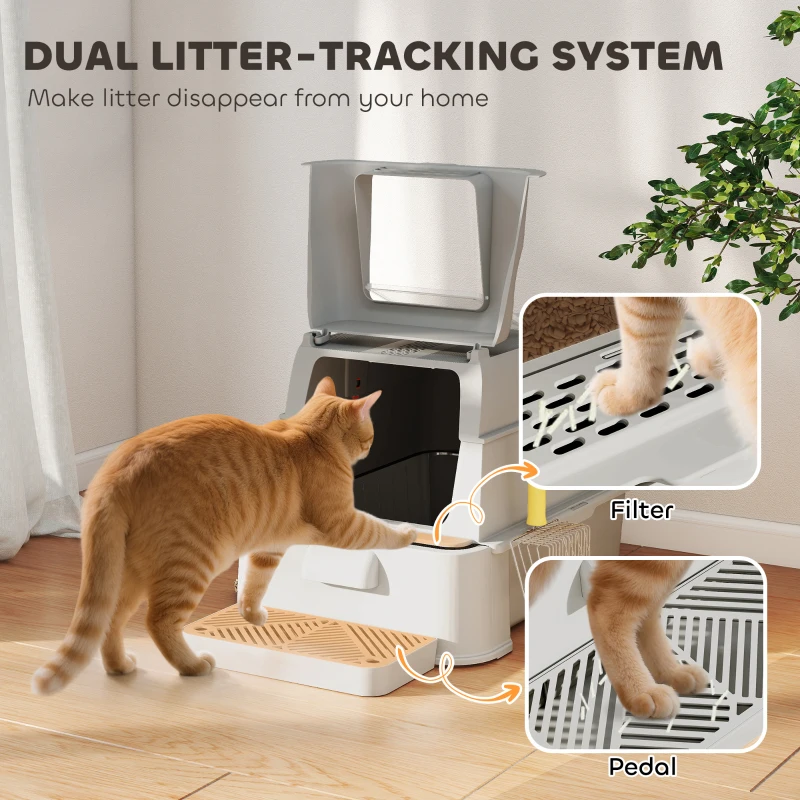 PawHut 80L XL Stainless Steel Cat Litter Box for Big Cats with Flip Cover, Pull-Out Drawer Tray, High Sided, Pedal, Light Grey