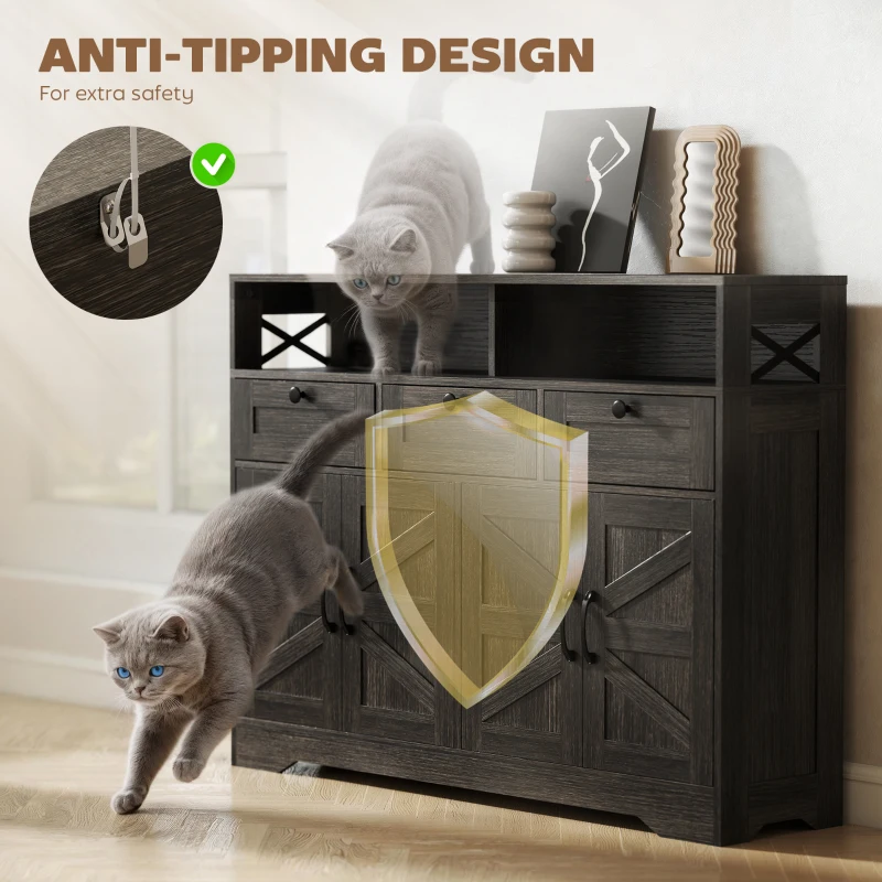 HOMCOM Sideboard, Buffet Cabinet with 4 Barn Doors and 3 Drawers, Coffee Bar Cabinet with Adjustable Shelves, Dark Brown