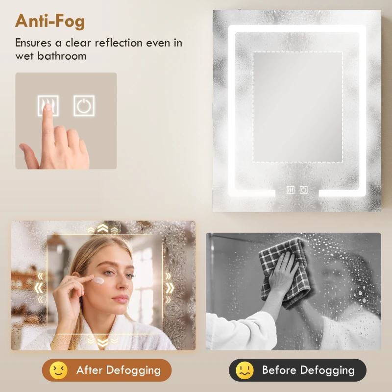 HOMCOM Bathroom Medicine Cabinet with Lights, Wall Mounted Mirror Cabinet with Demister Pad, Adjustable Shelves, White