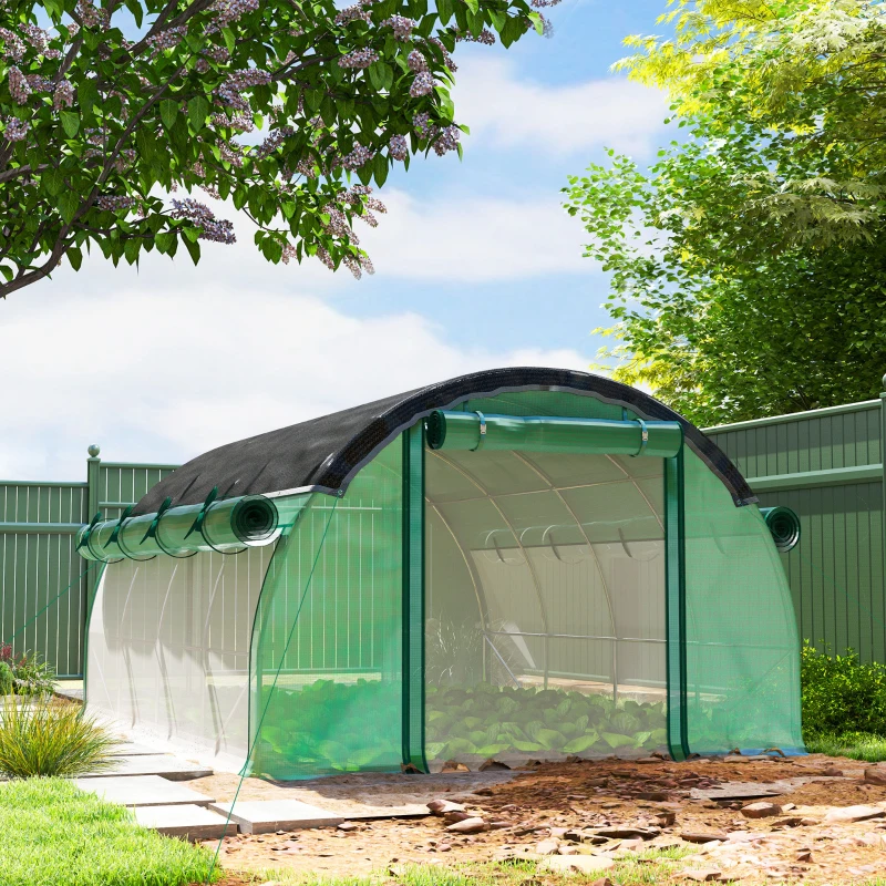 Outsunny Walk-in Tunnel Greenhouse, Plant Hot House with Sunshade Net, Roll-up Mesh Sidewalls, 2 Doors, 10' x 13' x 6.5' , Green
