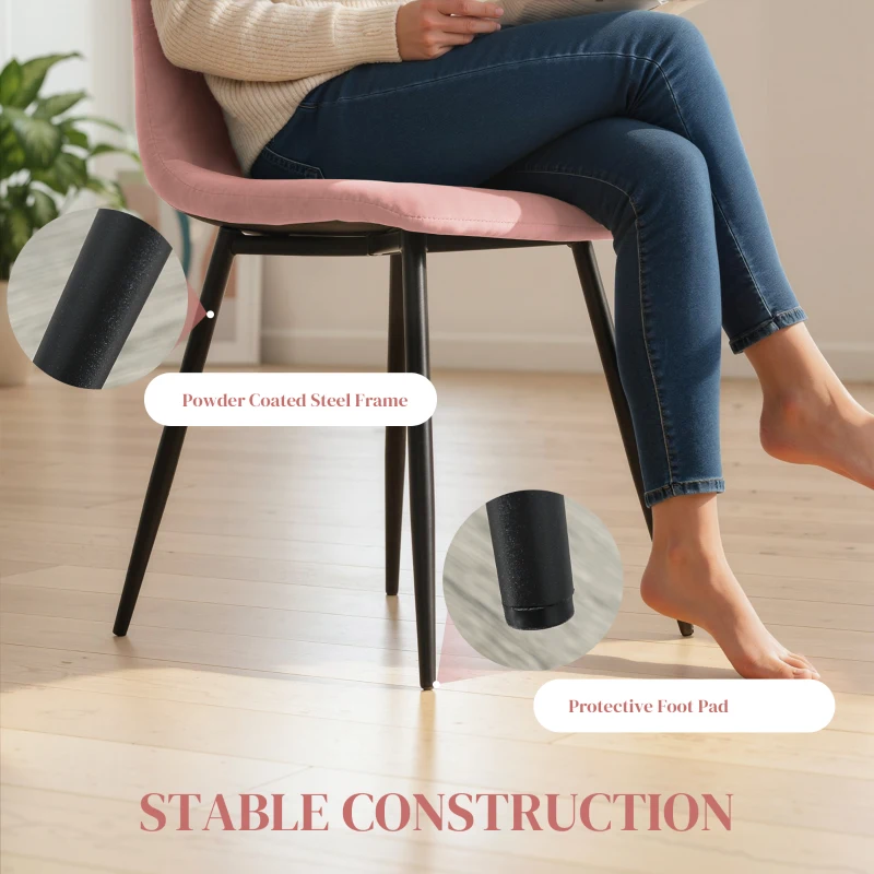 HOMCOM Dining Chairs Set of 4, Upholstered Dining Room Chairs with Steel Legs, Modern Kitchen Chair for Dining Room, Pink