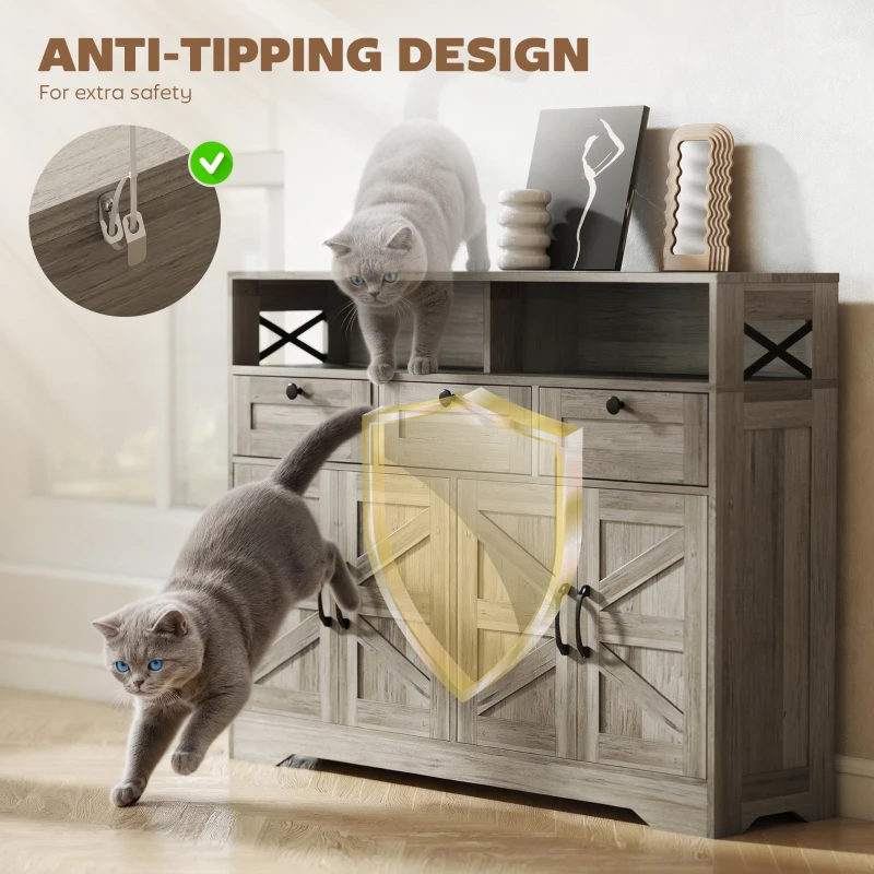 HOMCOM Sideboard, Buffet Cabinet with 4 Barn Doors and 3 Drawers, Coffee Bar Cabinet with Adjustable Shelves, Grey