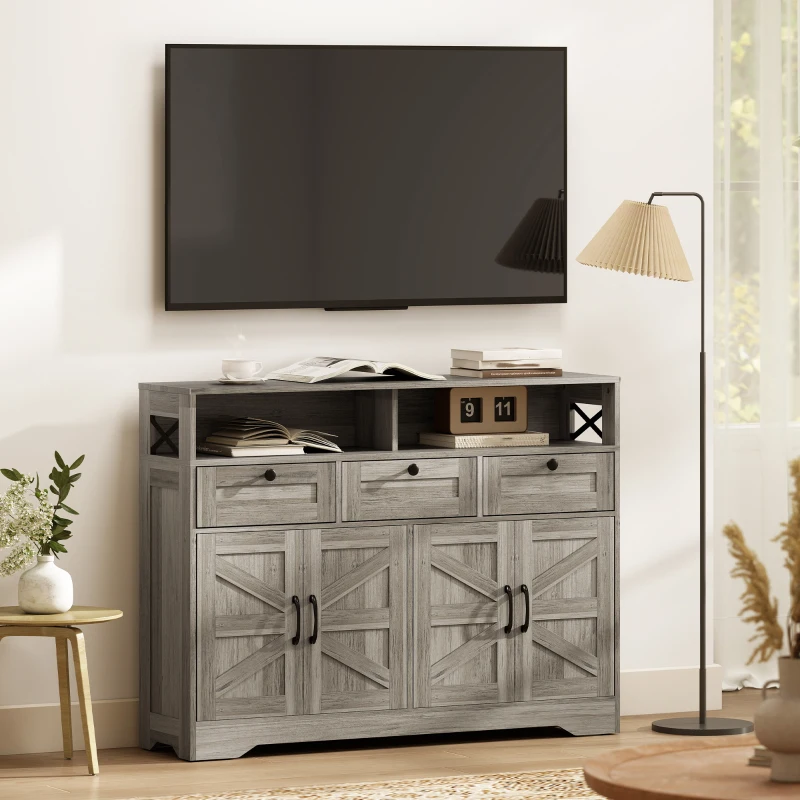 HOMCOM Sideboard, Buffet Cabinet with 4 Barn Doors and 3 Drawers, Coffee Bar Cabinet with Adjustable Shelves, Grey