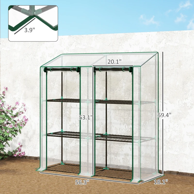 outsunny-lean-to-greenhouse-portable-greenhouse-with-3-tier-shelves-2-roll-up-zippered-doors-56.3-x-18.1-x-59.4-clear