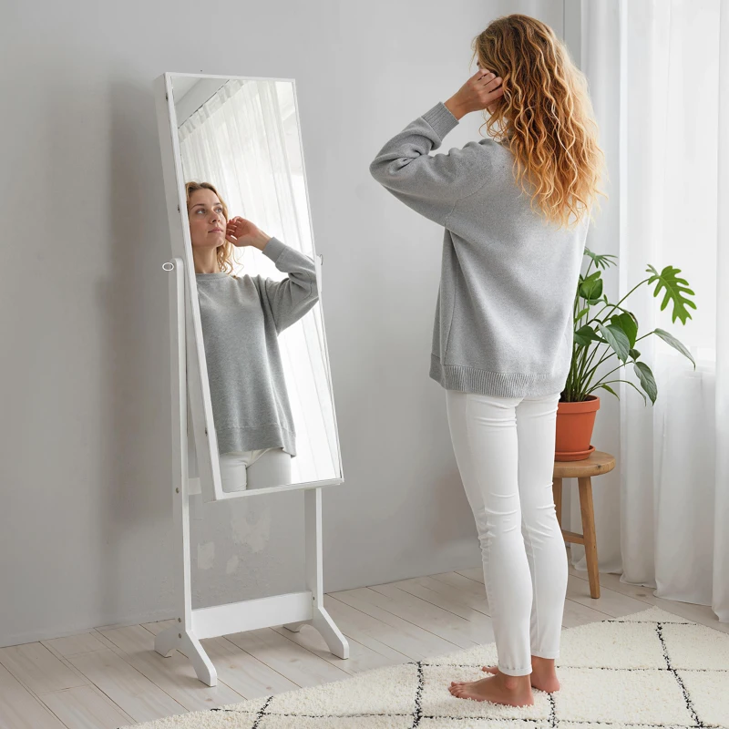 HOMCOM Mirror Jewelry Cabinet Armoire, Lockable Jewelry Organizer with Full-Length Mirror, 3 Angle Adjustable, White