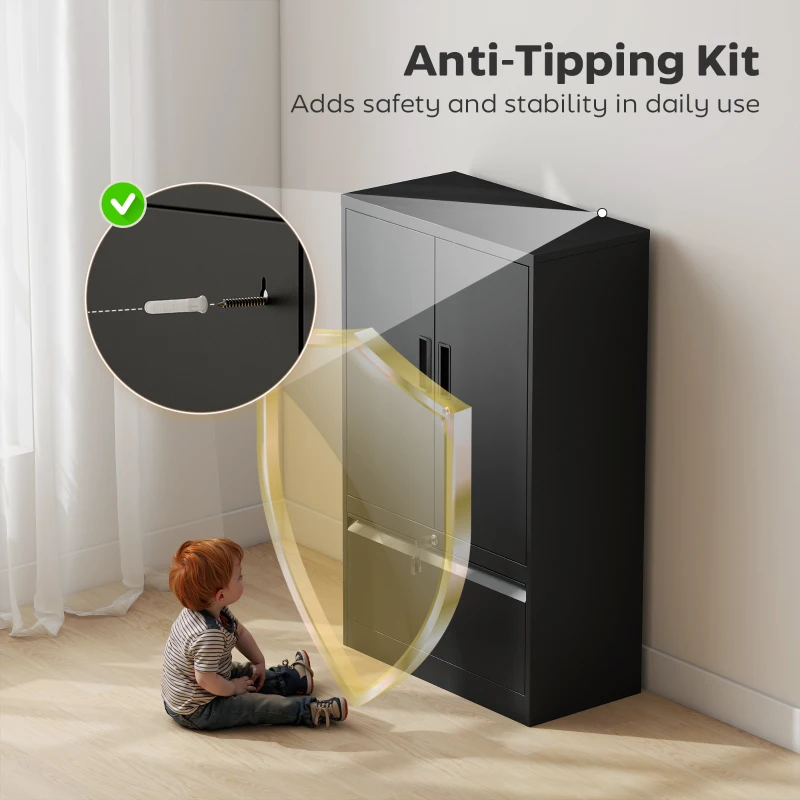 HOMCOM Lateral Filing Cabinet, Metal Storage Cabinet, Garage Cabinet with Double Locks, Adjustable Shelf and File Drawer, Black