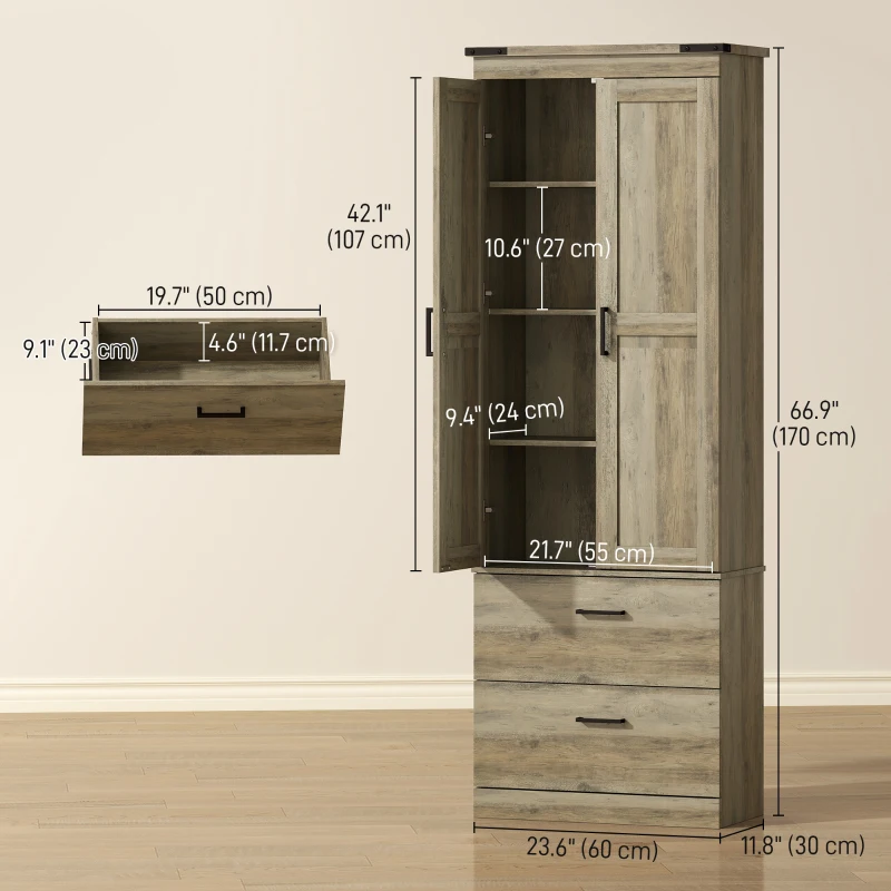 HOMCOM 67" Tall Kitchen Pantry Storage Cabinet, Kitchen Pantry Cabinet with Doors, Drawers and Adjustable Shelves, Grey Brown