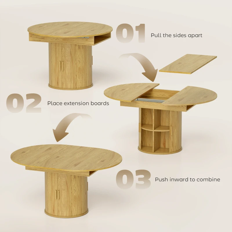 HOMCOM Extendable Dining Table for 6, 60" Farmhouse Kitchen Table with 2-Tier Storage Shelf and Fluted Sliding Doors, Natural