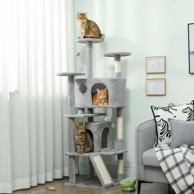 PawHut 54" Cat Tree, Multi-Level Cat Tower with Scratching Posts, Cat Condos, Bed, Platforms, Ramp, Toy Ball, Light Grey