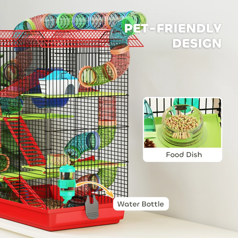 PawHut 18.5" Hamster Cage, 5 Tiers Small Animal House with Tunnel Tube System, Exercise Wheel, Water Bottle, Red