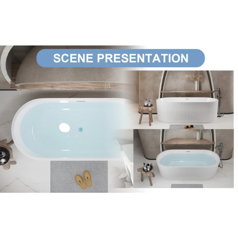 67" Freestanding Soaking Tub with Vertical Pleated Exterior, Bathtub with Chrome Pop-Up Toe-Tap Drain, 67" L x 31.5" W x 23" H, Gloss White