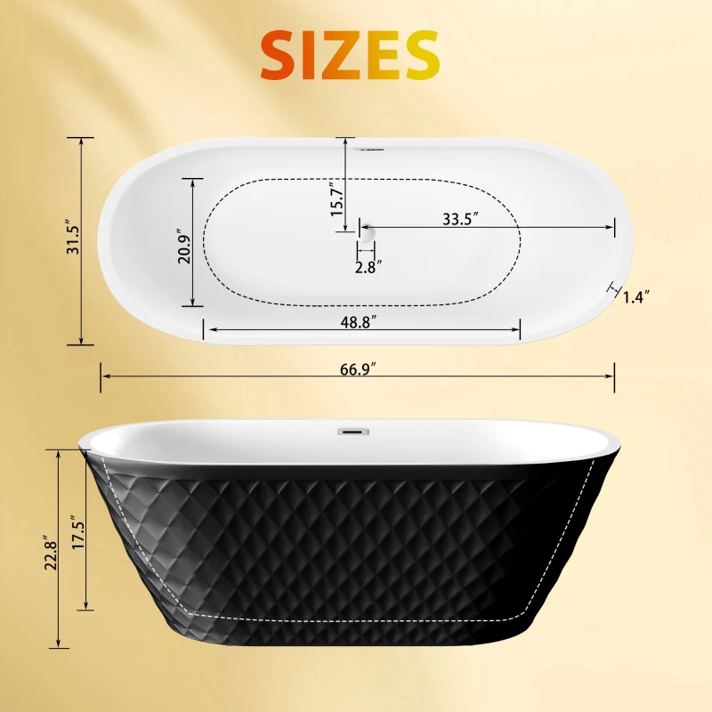 67" Freestanding Acrylic Bathtub with Spacious Oval Shape and Anti-Bacterial High-Gloss Finish, Tub for Bathroom, 67" L x 31.5" W x 23" H, Black