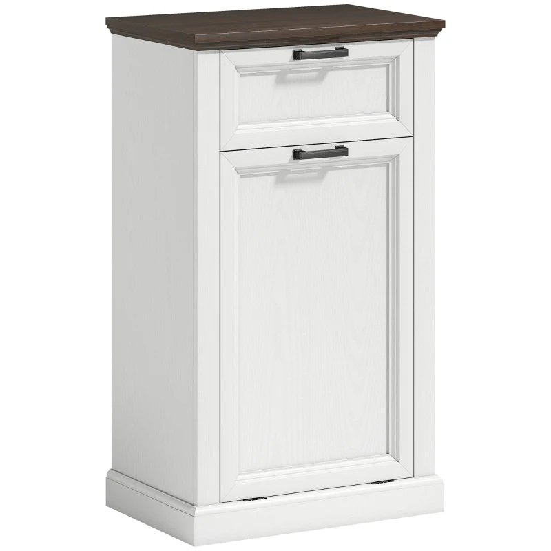 HOMCOM 10 Gallon Trash Can Cabinet with Drawer, Farmhouse Tilt Out Garbage Cabinet Laundry Hamper, White Wood Effect
