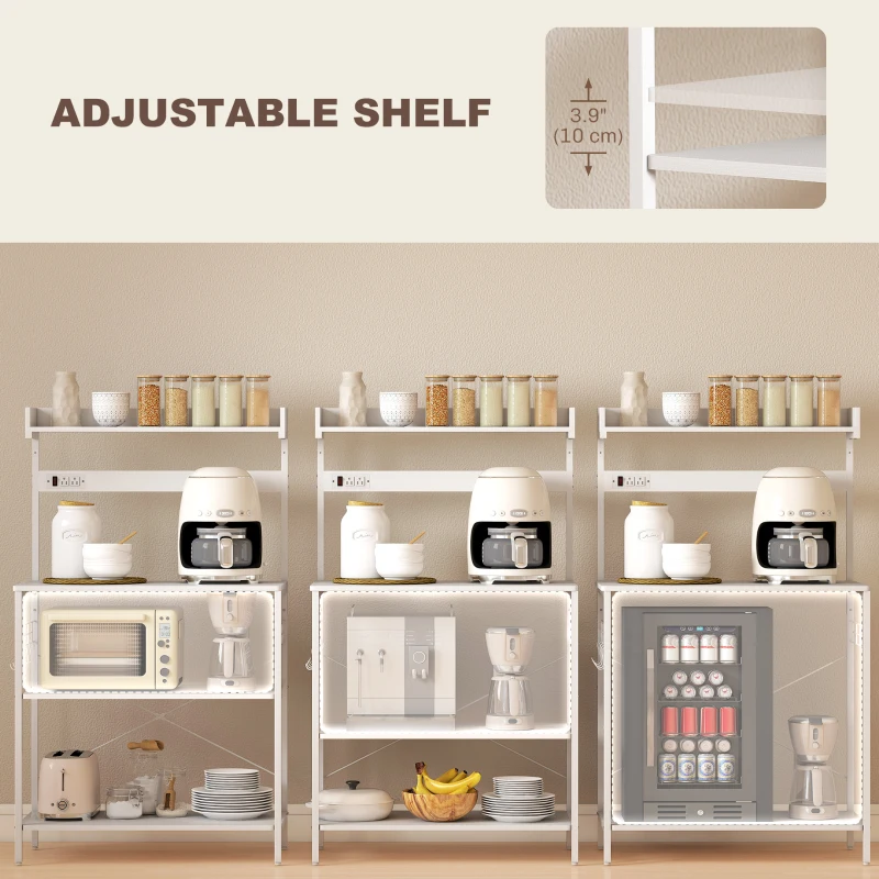 HOMCOM Kitchen Baker's Rack with Power Outlet, Coffee Bar Station with Adjustable Shelves and Hooks, Distressed White