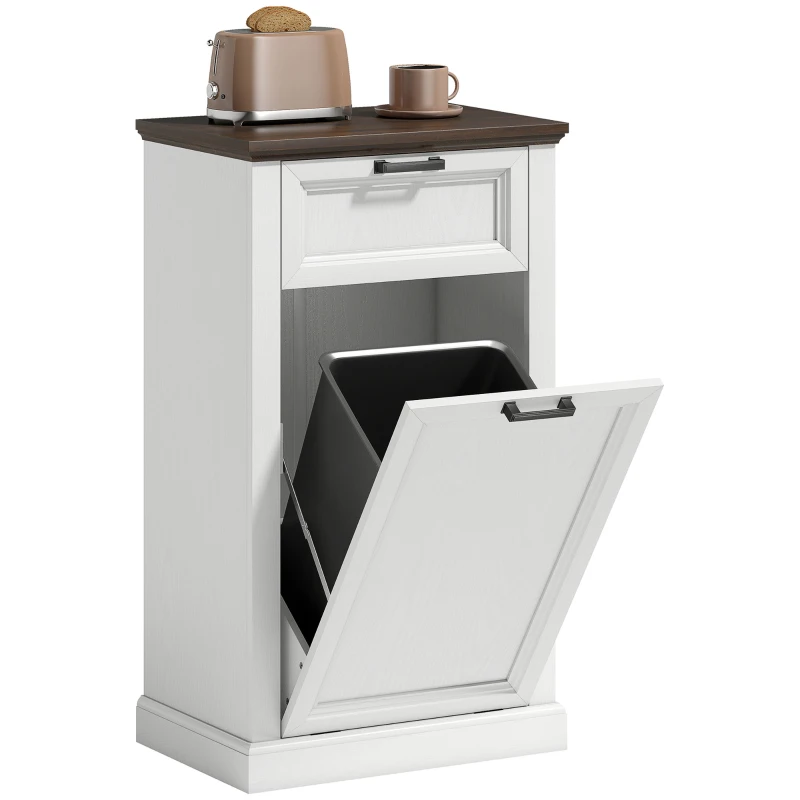 HOMCOM 10 Gallon Trash Can Cabinet with Drawer, Farmhouse Tilt Out Garbage Cabinet Laundry Hamper, White Wood Effect