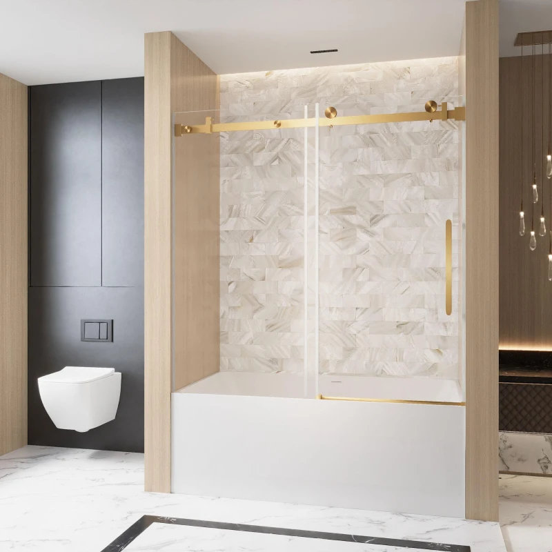 Frameless Shower Door with Anti-Shatter Safety Film and Bottom Water-Blocking Strip, Panel for Bathroom, 60" L x 0.5" W x 60" H, Brushed Gold