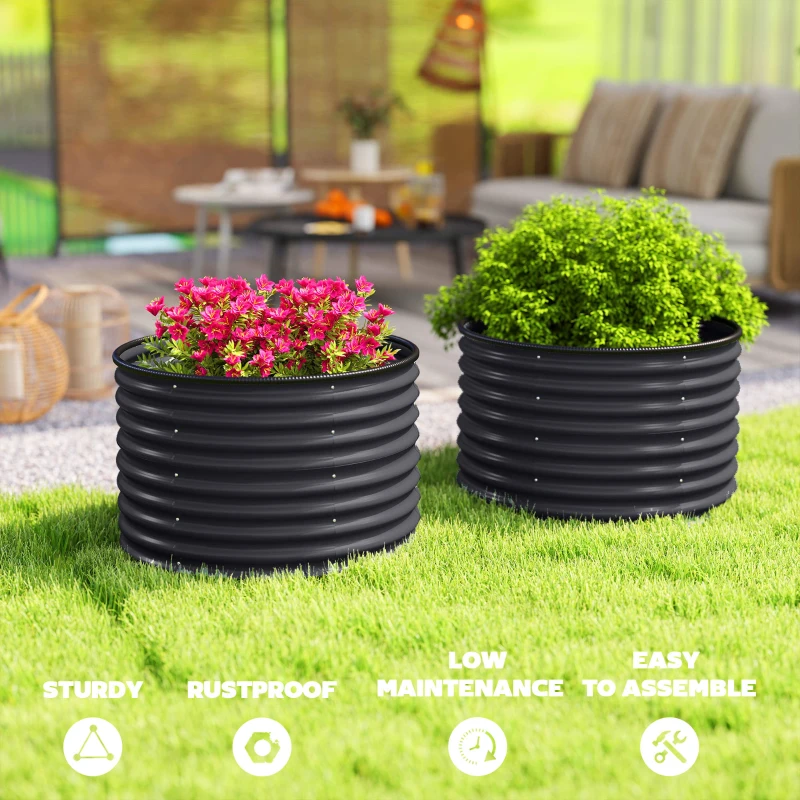 Outsunny Set of 2 Raised Garden Bed, Metal Planter Box with Safety Edging, Easy-to-assemble Stock Tank, Dark Grey