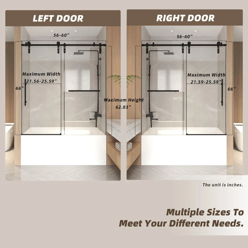 Sliding Bathtub Door with Waterproof Seals and Tempered Glass, Bathroom Door with Towel Bar Handle, 60" L x 0.5" W x 66" H, Matte Black