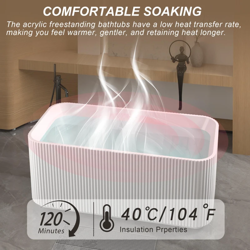 59" Rectangle Freestanding Acrylic Soaking Tub with High-Gloss Surface, Bathtub with Pop-Up Drain, 59" L x 29.5" W x 23" H, Gloss White