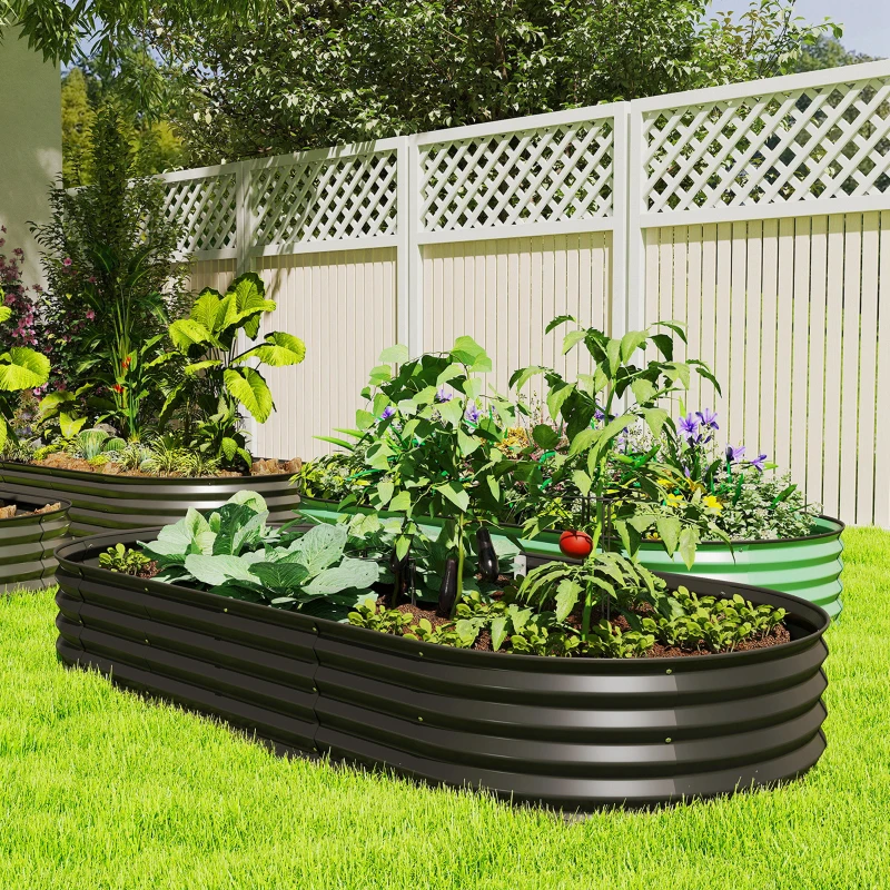 Outsunny 7' x 3' x 1' Large Outdoor Planter Box, Galvanized Raised Garden Bed with Metal Plant Stake, Black