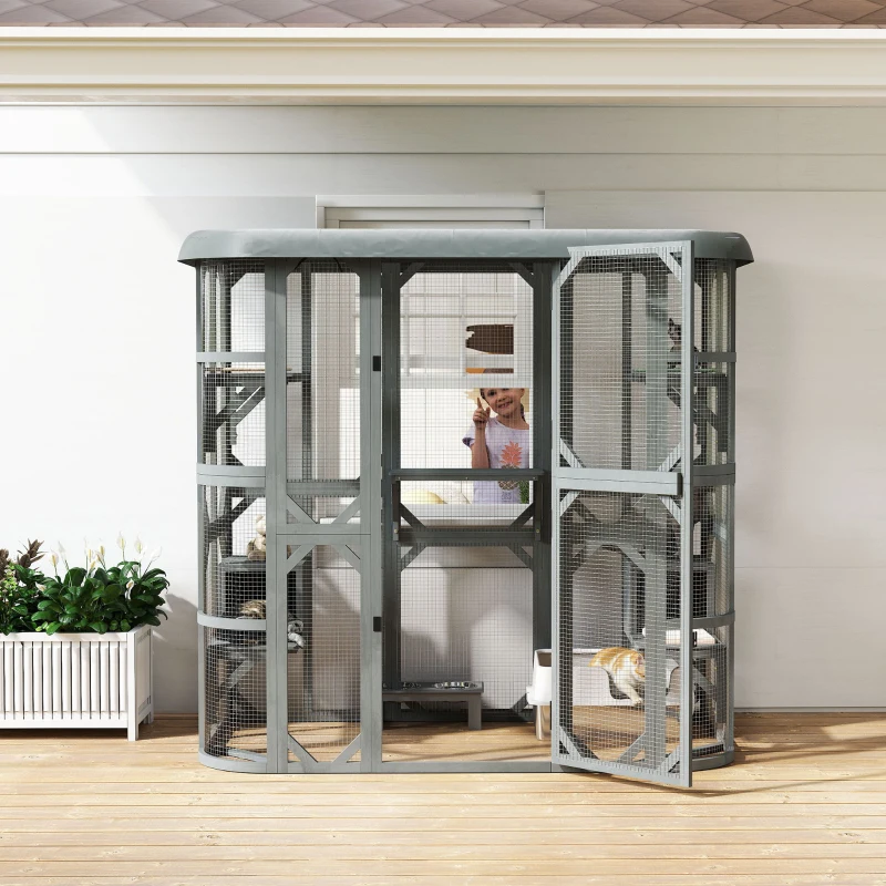 PawHut Catio Outdoor Cat Enclosure, 71" Wooden Cat House with Platforms, Condos and Waterproof Cover for 2–3 Kittens, Grey