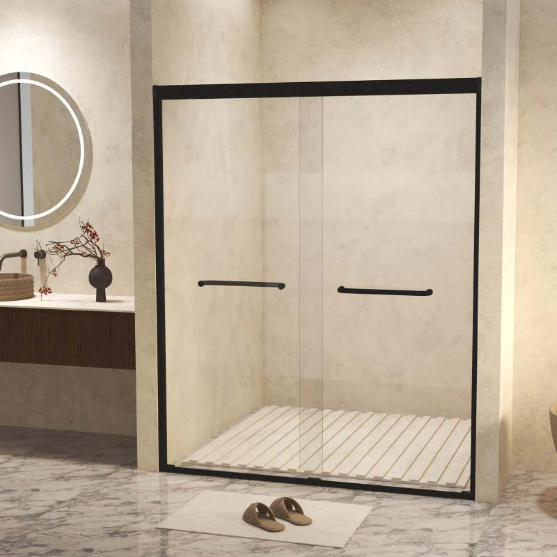 Aluminum Frame Double Sliding Shower Door with Safety Film, Stainless Steel Long Handle, Panel for Bathroom, 60" L x 0.5" W x 72" H, Matt Black