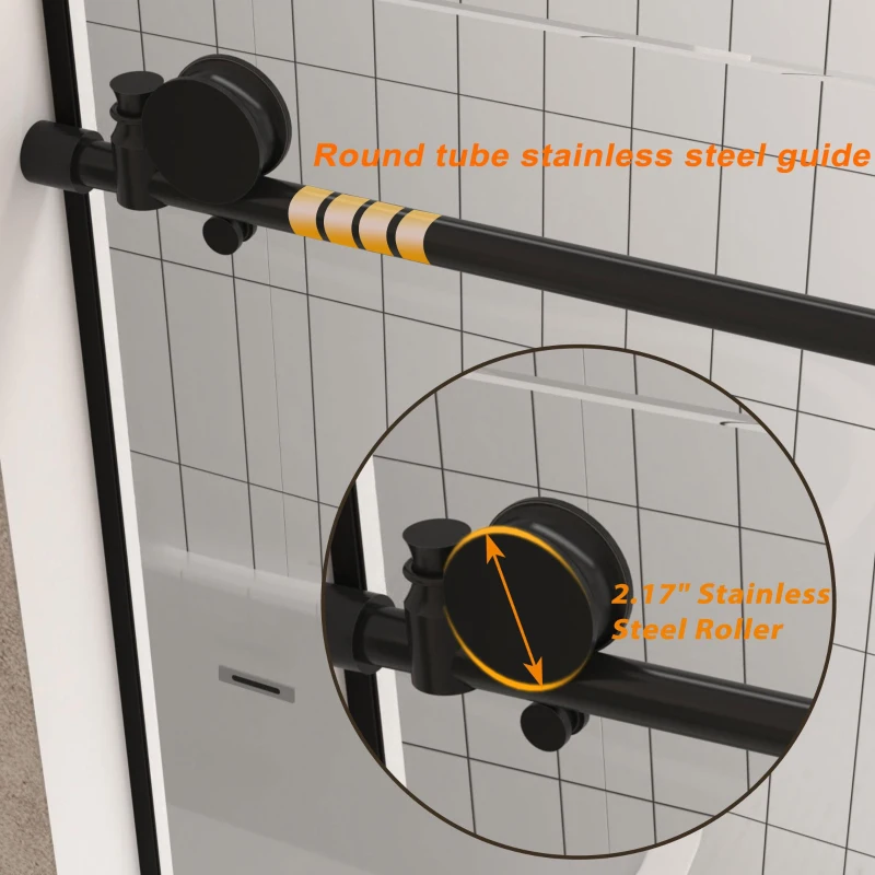 Frameless Sliding Shower Door with Explosion-Proof Film and Smooth Stainless Steel Rollers, Panel for Bathroom, 60" L x 0.5" W x 76" H, Matte Black