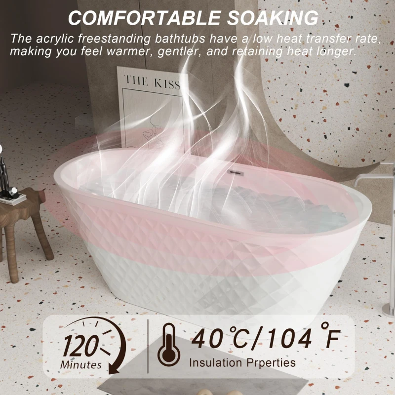 59" Acrylic Freestanding Bathtub with Unique Diamond-Pattern Exterior, Oval Soaking Tub for Bathroom, 59" L x 29.5" W x 23" H, Gloss White