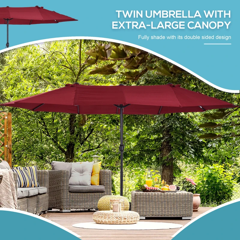 Outsunny 15ft Double-sided Patio Umbrella with Twin Canopy, Extra Large Outdoor Parasol with Crank for Pool, Deck, Market, Wine Red