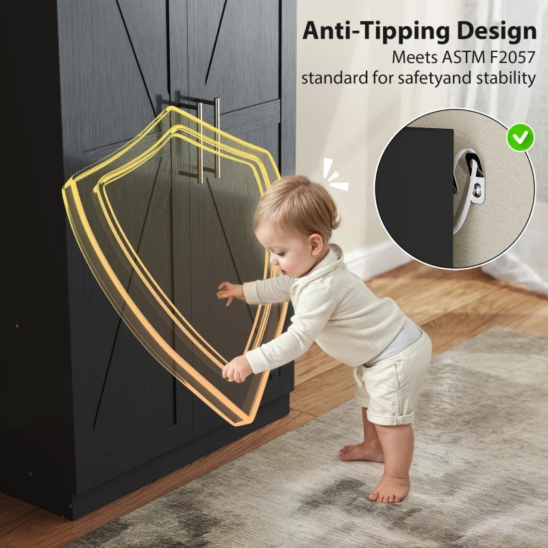 HOMCOM Wardrobe Cabinet with 2 Barn Doors and Hanging Rod, Farmhouse Armoire Wardrobe Closet for Bedroom, Black Wood Effect