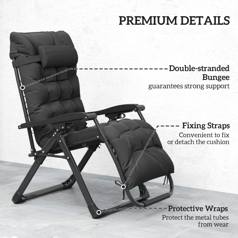 Outsunny Folding Garden Chair, Reclining Zero Gravity Chair, Sun Lounger with Cushion and Headrest, Black