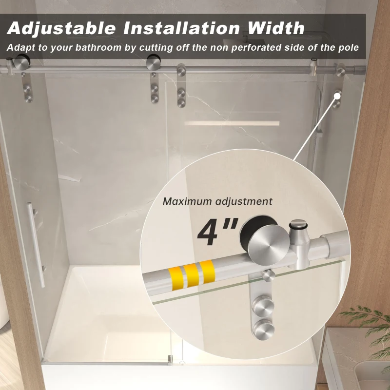 Sliding Shower Door with Waterproof Seals and Tempered Glass, Bathroom Door with Towel Bar Handle, 60" L x 0.5" W x 66" H, Brushed Nickel