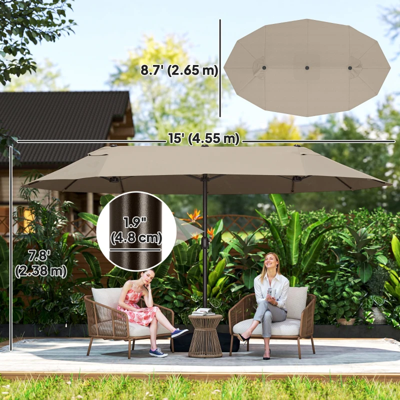 Outsunny 15' Outdoor Patio Umbrella with Twin Canopy Sunshade Steel Table Umbrella w/ Lift Crank, Cross base, Sandbag, Brown