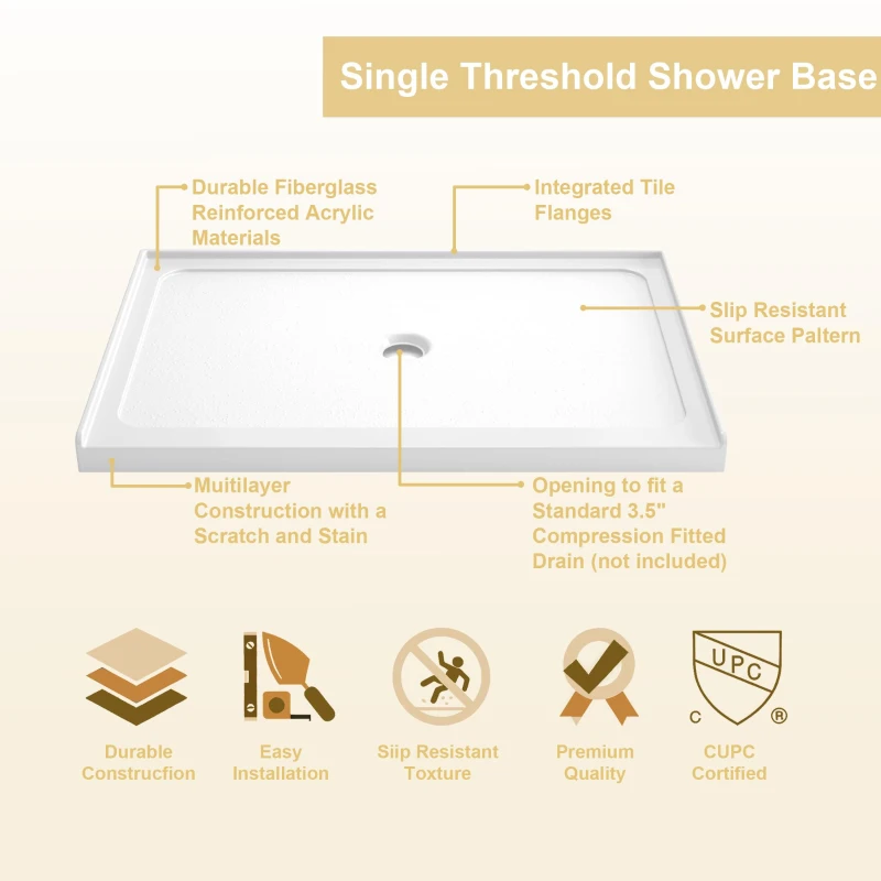 32" x 48" Shower Base with Durable No-Flex Construction, Acrylic 3-Wall Alcove Shower Pan with Center Drain, 48" L x 32" W x 3" H, Gloss White