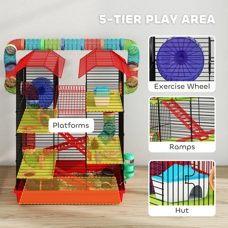 PawHut 18.5" Hamster Cage, 5 Tiers Small Animal House with Tunnel Tube System, Exercise Wheel, Water Bottle, Red