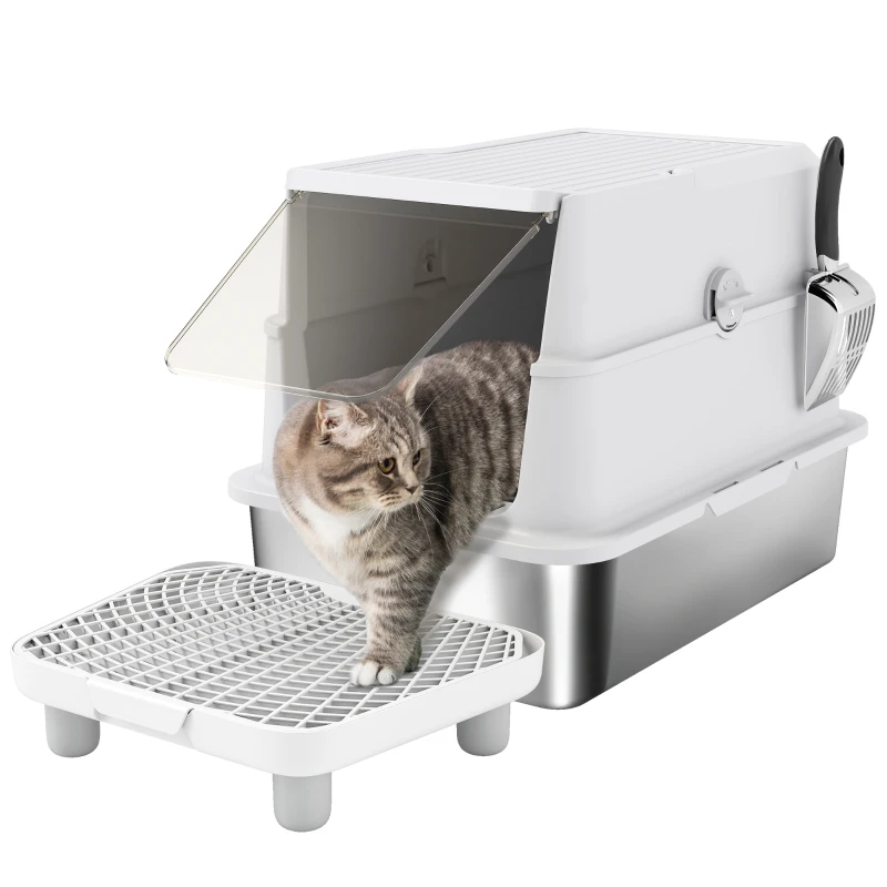 PawHut Extra Large Stainless Steel Cat Litter Box for Big Cats with Flip Cover, High-Sided Enclosure & Scoop