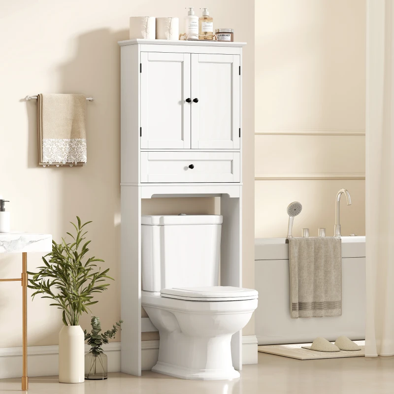HOMCOM Over The Toilet Storage, Modern Bathroom Cabinet Over Toilet with Drawer, Cabinet and Adjustable Shelf, White