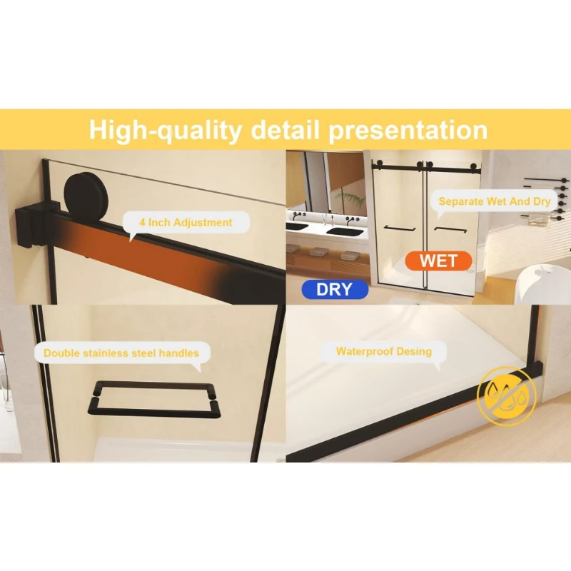 Frameless Double Sliding Shower Door with Silent Rollers, Bathroom Door with Square Tube Track, 60" L x 0.5" W x 74" H, Matte Black