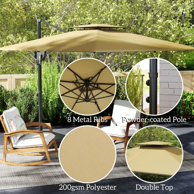 Outsunny Square Cantilever Patio Umbrella, Double Top Patio Hanging Offset Umbrella with Crank & Tilt, 8' x 9', khaki
