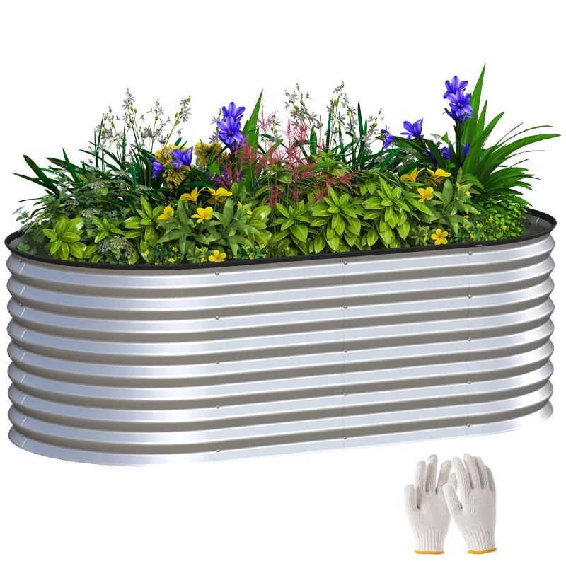 Outsunny 5 x 2.5 x 2 ft Galvanized Raised Garden Bed, Easy DIY Oval Planter Box with Safety Edging and Gloves, Silver