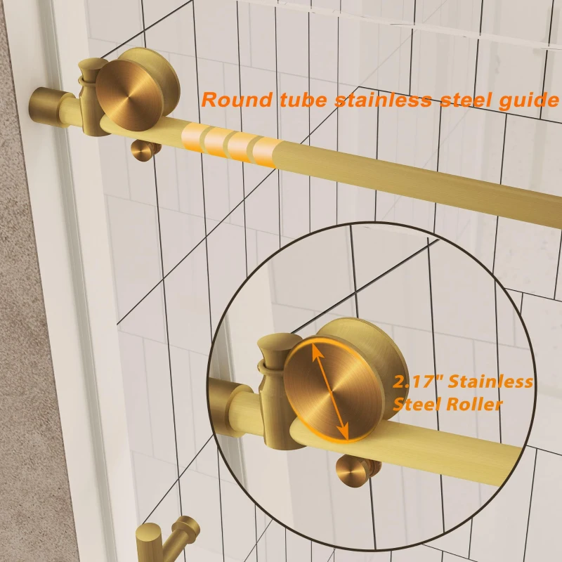 Frameless Sliding Shower Door with Smooth Quiet Stainless Steel Rollers & Round Tracks, Panel for Bathroom, 60" L x 0.5" W x 60" H, Brushed Gold